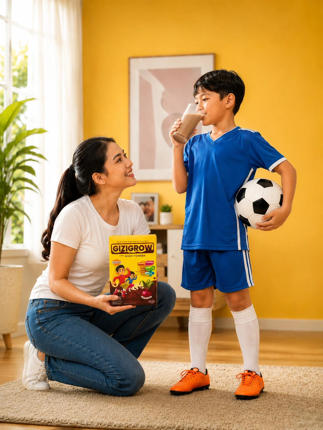 Ibu dan anak bahagia minum susu Gizigrow